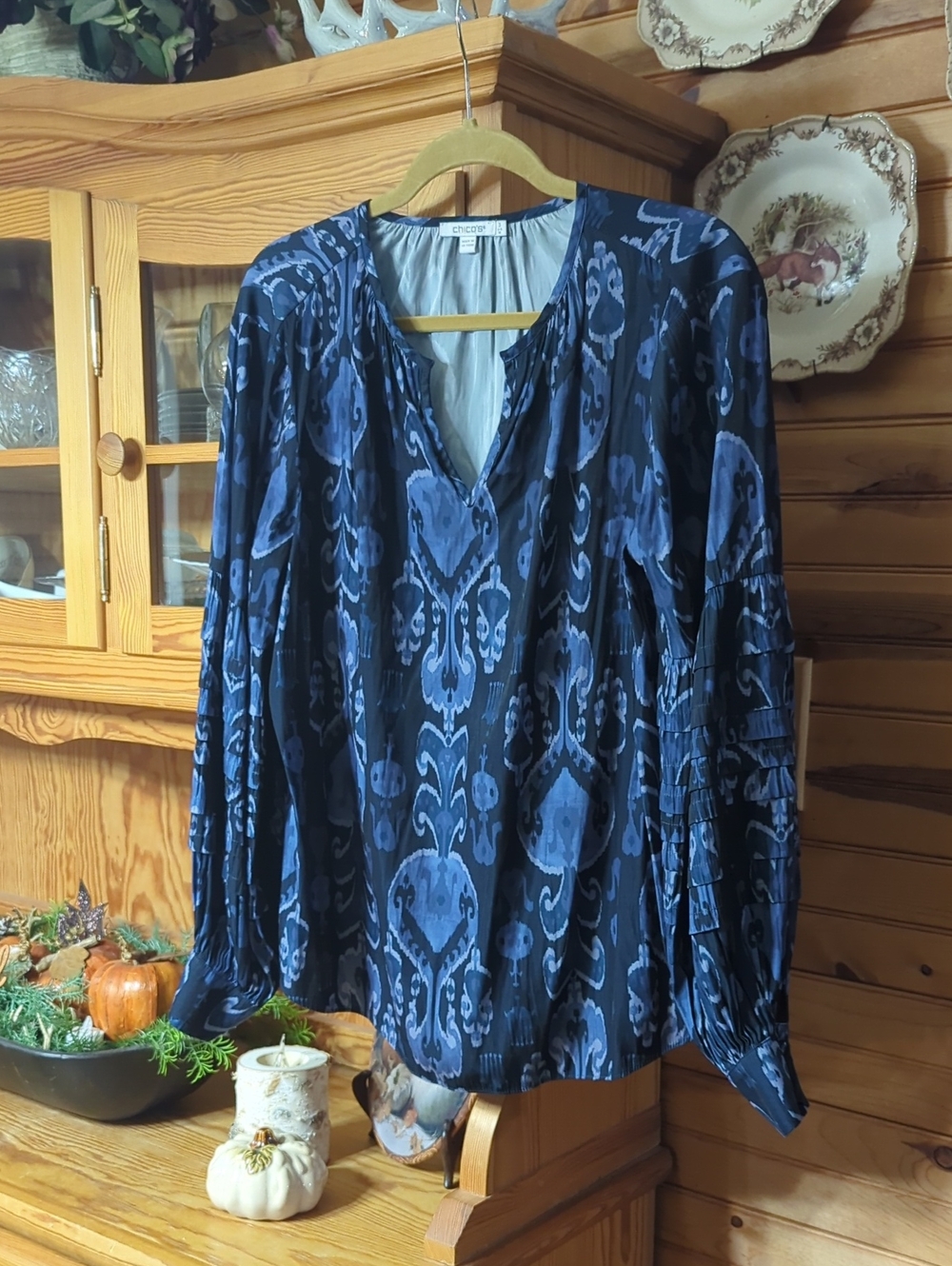 Chico's Navy and Light Blue Patterned Long-Sleeve Blouse
